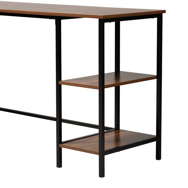 Lydia Modern Walnut Brown Finished Wood And Black Metal L-Shaped Corner Desk With Shelves, , alternate image number 4