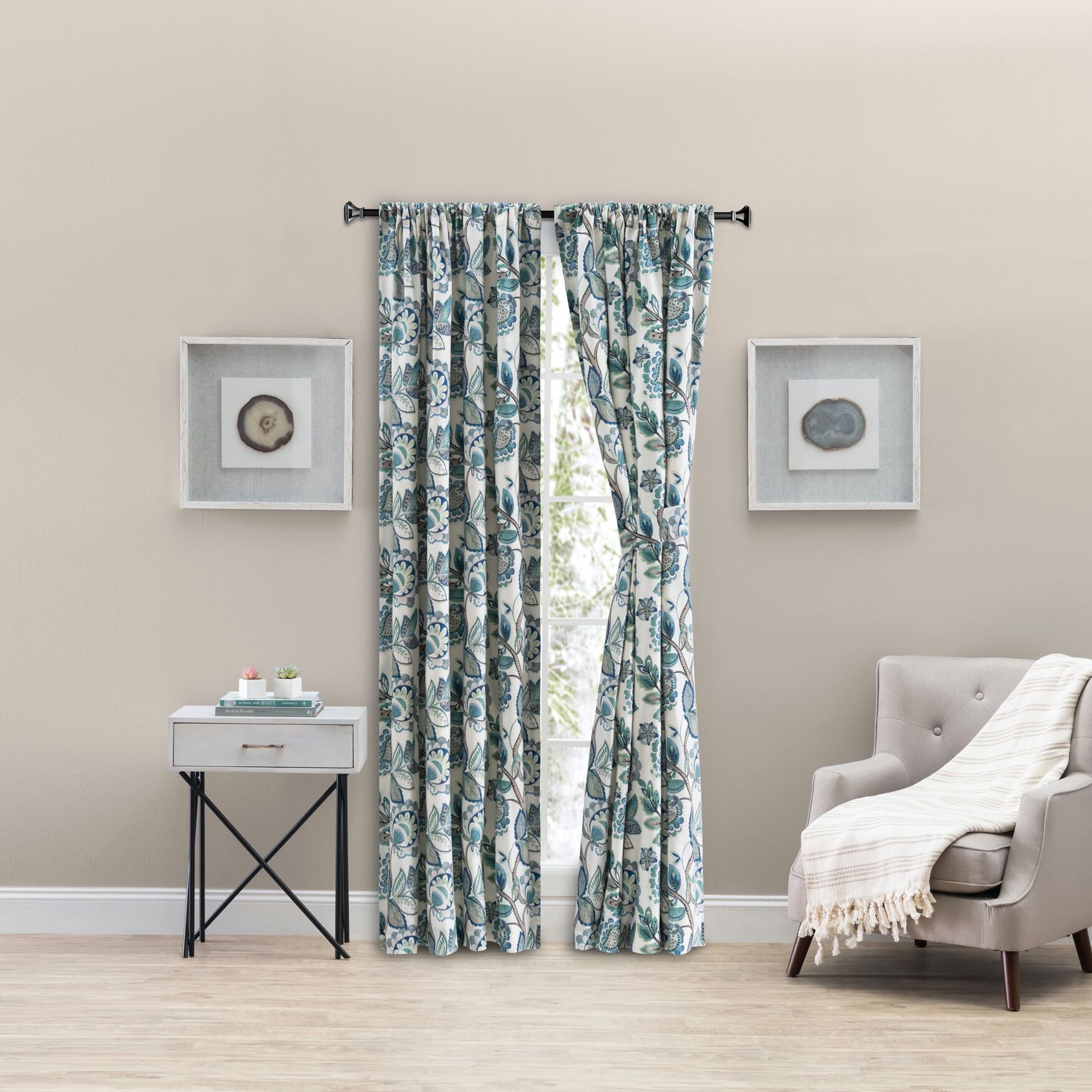 Wynette Multi Colored Jacobean Floral- Lined Tailored Pair With Tiebacks, BLUE, hi-res image number 0