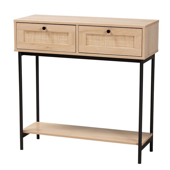 Sherwin Mid-Century Modern Light Brown And Black 2-Drawer Console Table With Woven Rattan Accent, LIGHT BROWN BLACK, hi-res image number null