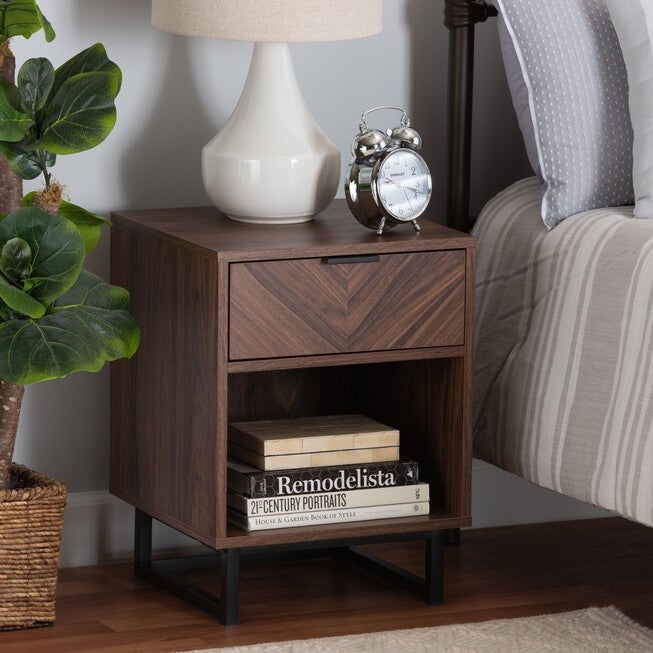 Sadia Modern Walnut Brown Finished Wood And Black Metal 1-Drawer End Table, , alternate image number null