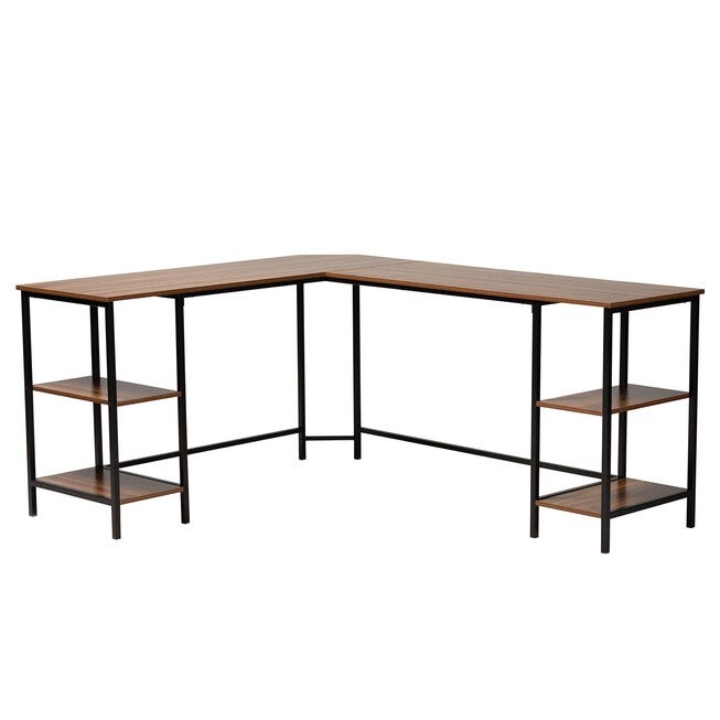 Lydia Modern Walnut Brown Finished Wood And Black Metal L-Shaped Corner Desk With Shelves, WALNUT BROWN, hi-res image number 0