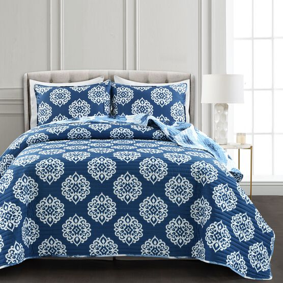 Lush Décor Leah Reversible Quilt Navy/White 3Pc Set, , on-hover image number null