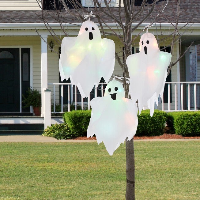 Set of 3 Pre-Lit Hanging Ghosts, WHITE, hi-res image number null