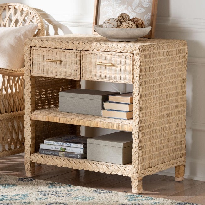 Lanica Japandi Sun Bleached Rattan 2-Drawer Console Table, PALE, hi-res image number 0