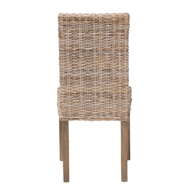 Front view of grey woven dining chair with mango wood legs