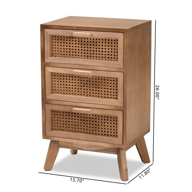 Baden Mid-Century Modern Walnut Brown Finished Wood 3-Drawer Nightstand With Rattan, , alternate image number 9