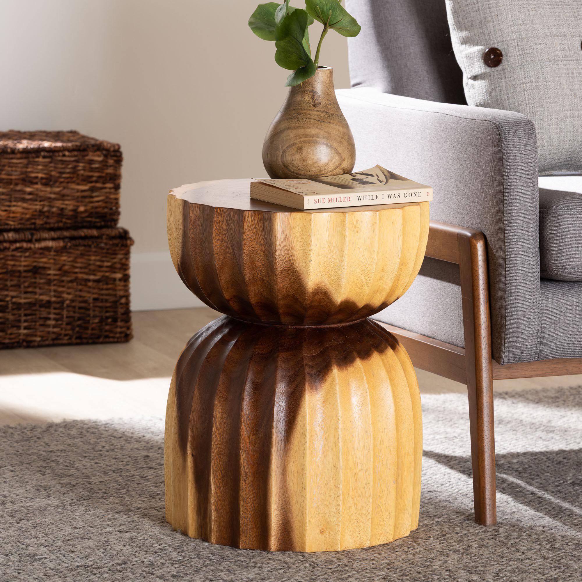 Noleta Hand-carved Suar Wood Side Table, NATURAL BROWN, hi-res image number 0
