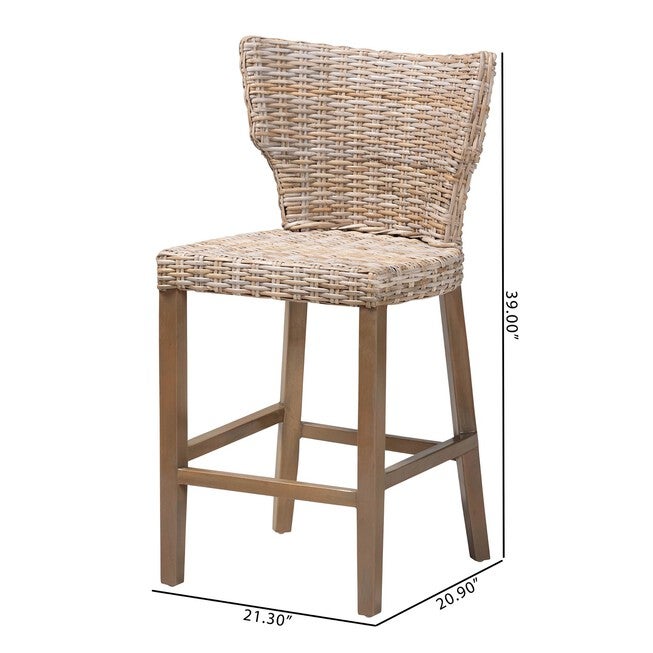 Enver Modern Bohemian Grey Kubu Rattan And Mahogany Wood Counter Stool, , alternate image number null