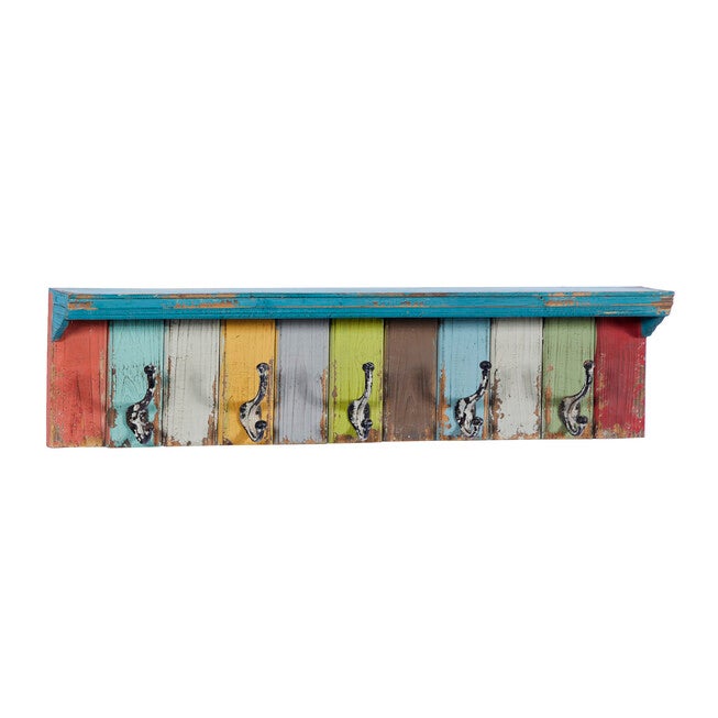 Multi Color Wood Coastal Wall Hooks With Shelf Wall Hook, , alternate image number null