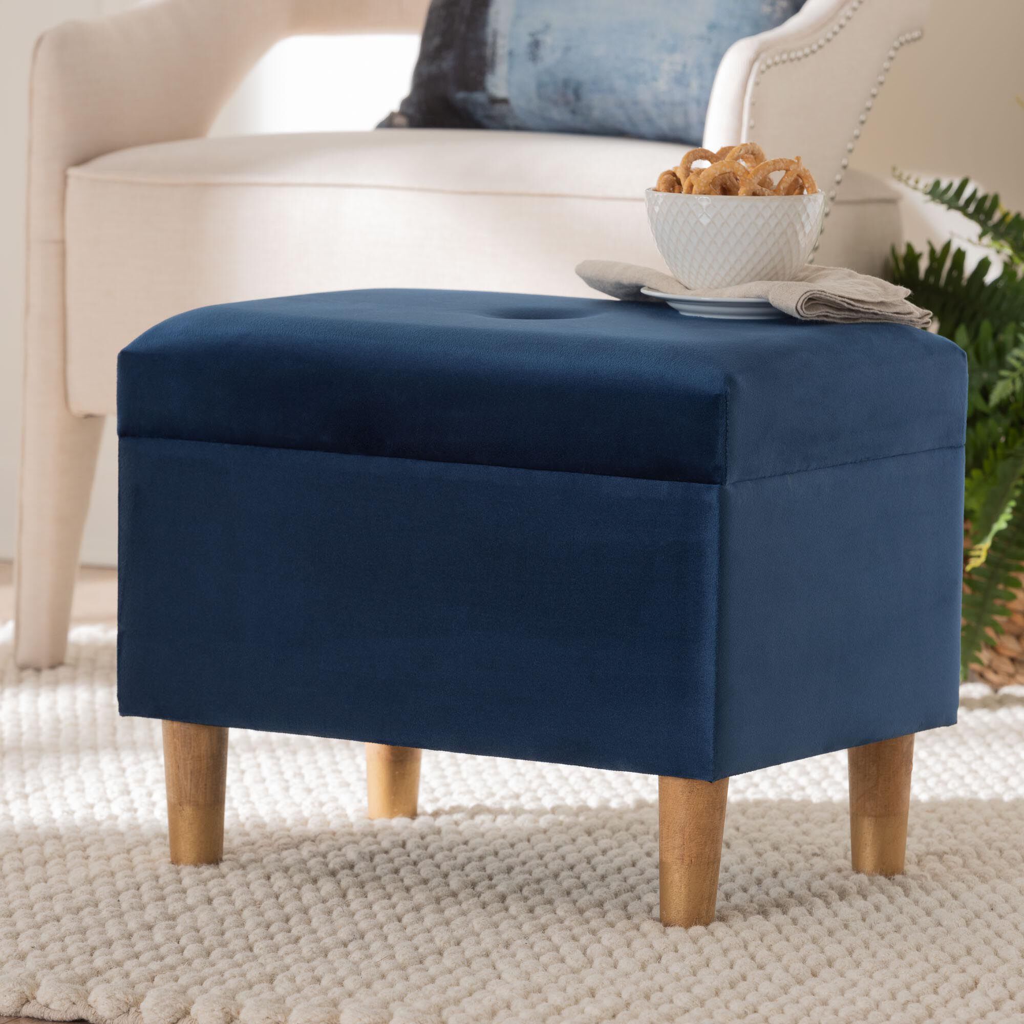 Elias Modern Navy Blue Velvet Fabric Storage Ottoman
