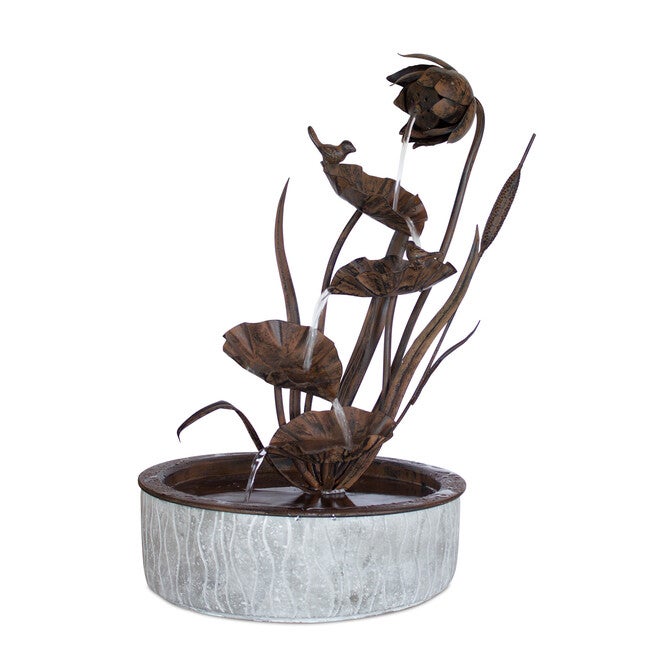 Brushed Metal Floral Fountain With Bird Accents 24 inchesH, BROWN, hi-res image number 0