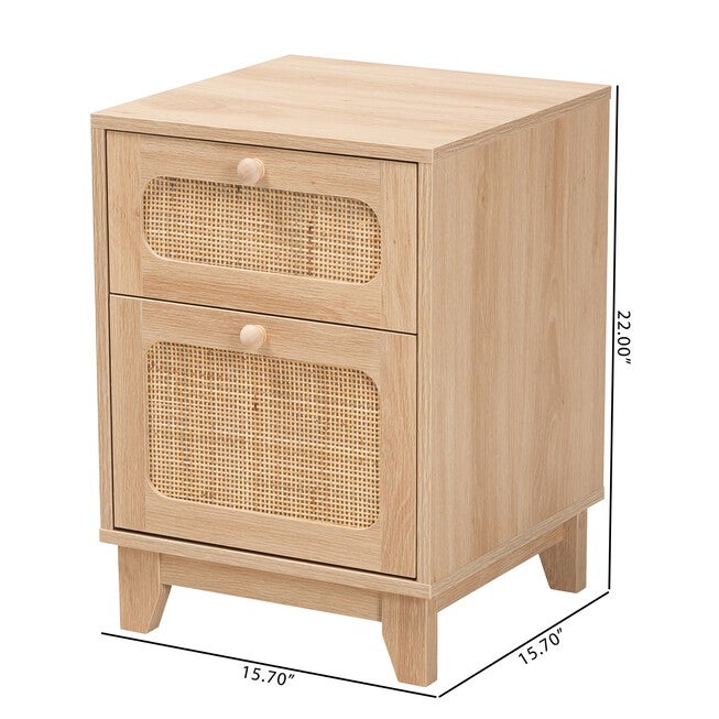 Elsbeth Mid-Century Modern Light Brown Finished Wood And Natural Rattan 1-Drawer End Table, , alternate image number null