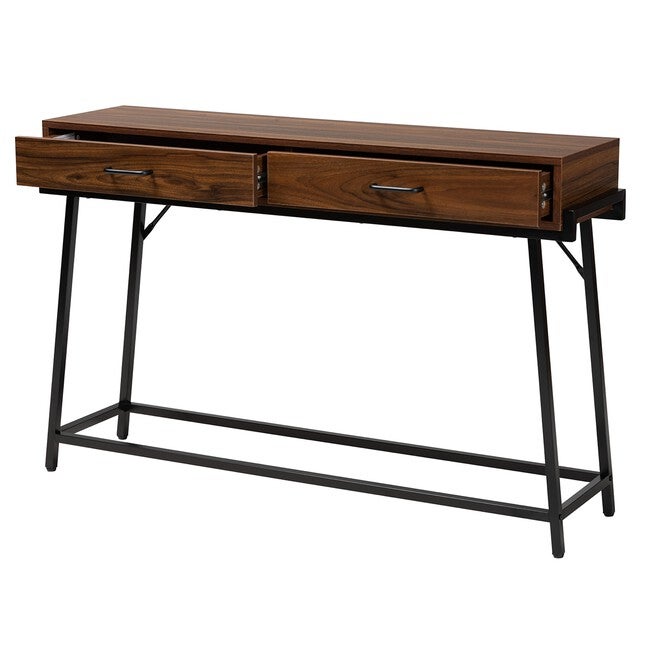 Eivor Modern Industrial Walnut Brown Finished Wood And Black Metal 2-Drawer Console Table, , on-hover image number 1