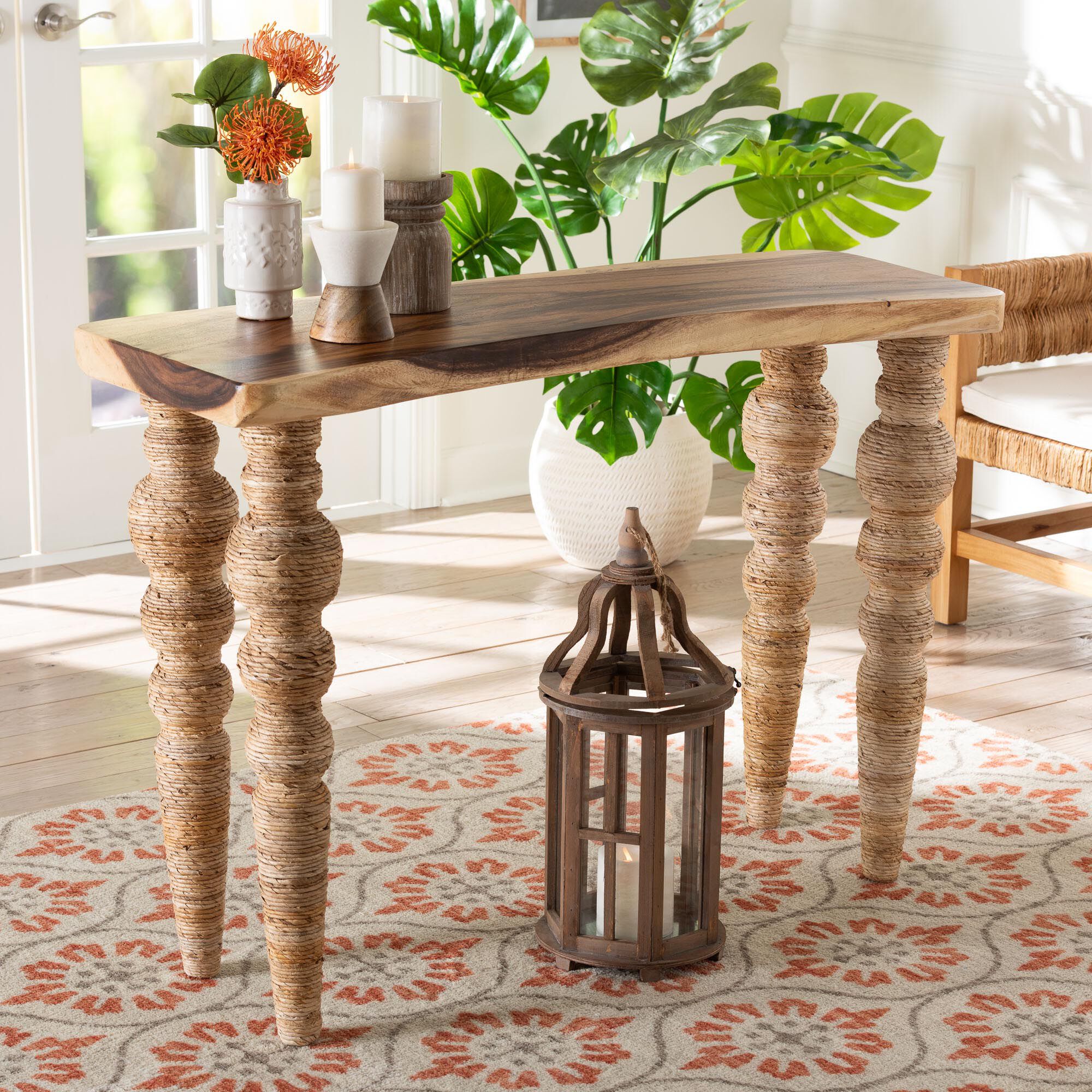 Nasnan Teak Wood Console Table with Seagrass and Bobbin Legs
