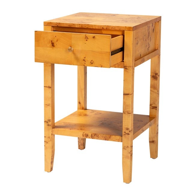 Ghina Modern and Contemporary Natural Light Mappa Real Burl Wood 1-Drawer Nightstand, LIGHT MAPPA BURL, alternate image number 2