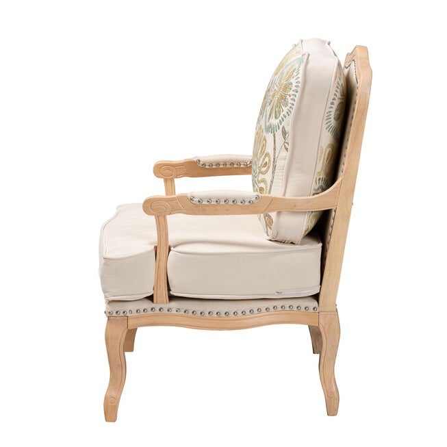Andre Traditional French Quilted Fabric And Whitewash Finished Wood Accent Chair, , alternate image number null