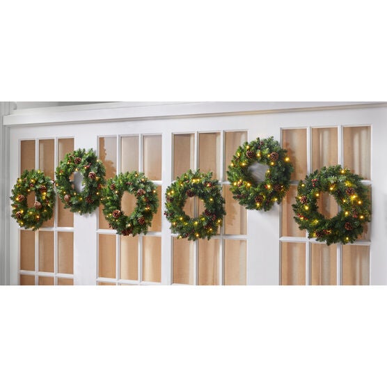 18" Pre-Lit Arrow-Tip Wreaths, Set of 6, GREEN, hi-res image number null