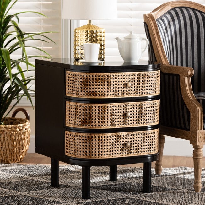Nabila Modern Bohemian Black Bayur Wood And Natural Rattan 3-Drawer End Table Nightstand, , alternate image number null