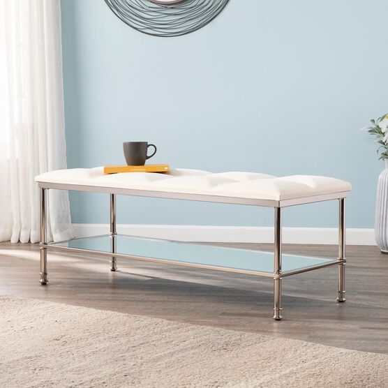 Paschall White Storage Bench With Mirrored Shelf Benches