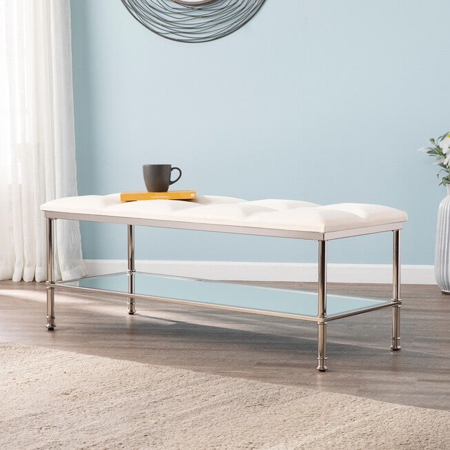 Paschall White Storage Bench with Mirrored Shelf, SILVER, hi-res image number null