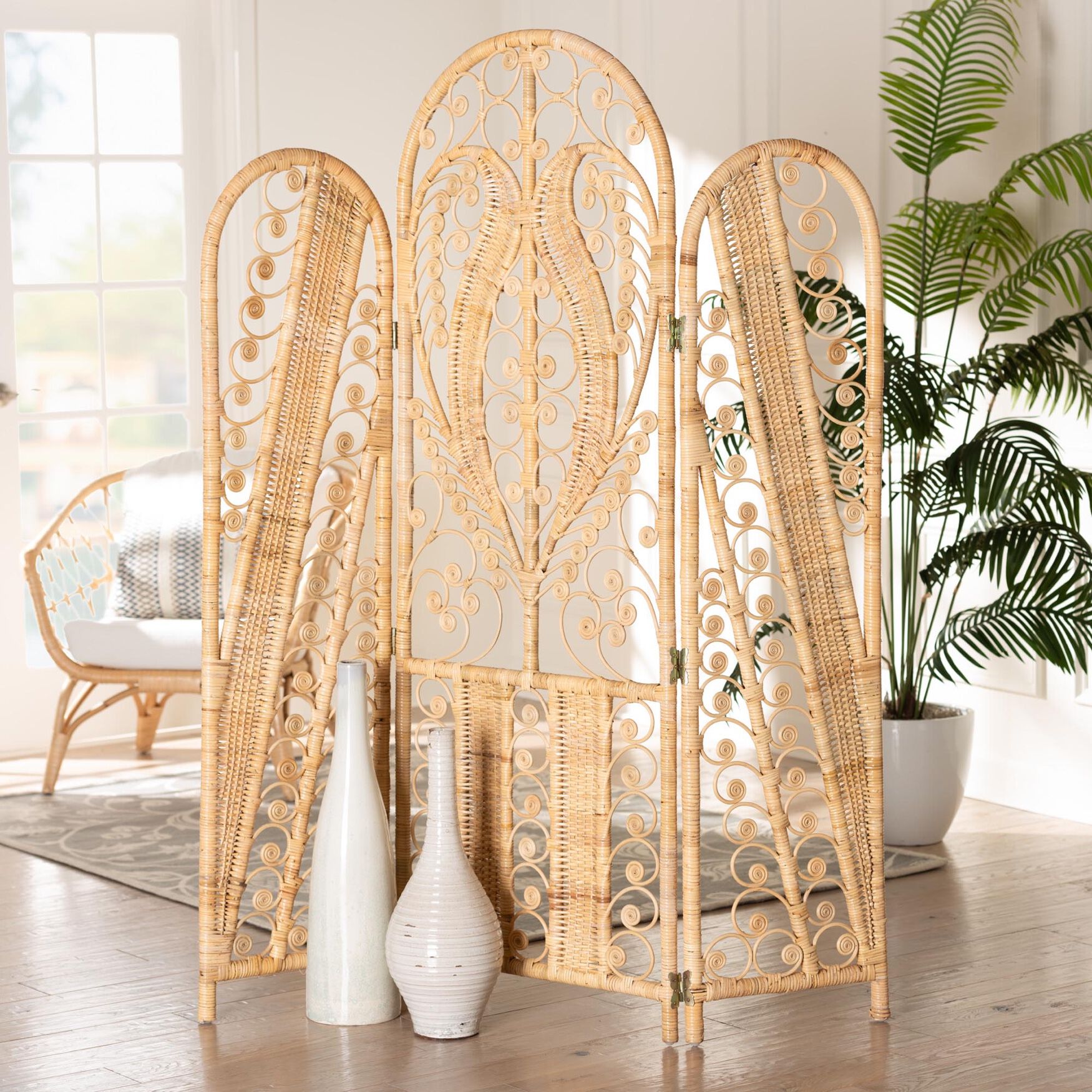 Nadra Modern Bohemian Natural Brown Rattan Room Divider, , alternate image number 2