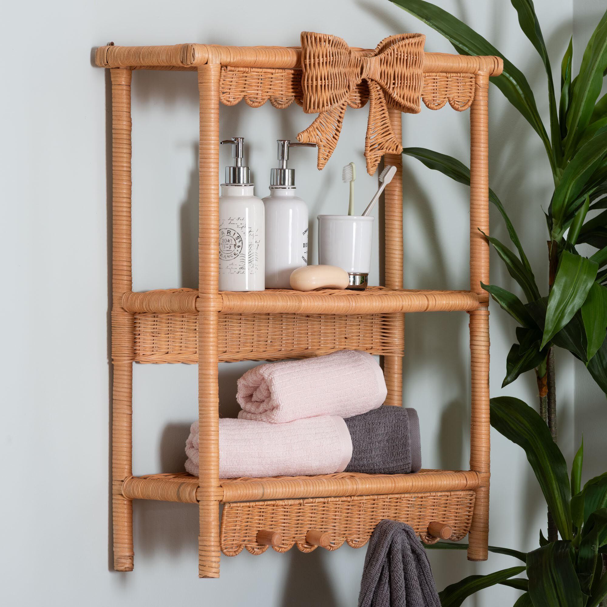 Creusa Natural Rattan 2-Tier Wall Shelf with Bow Detail