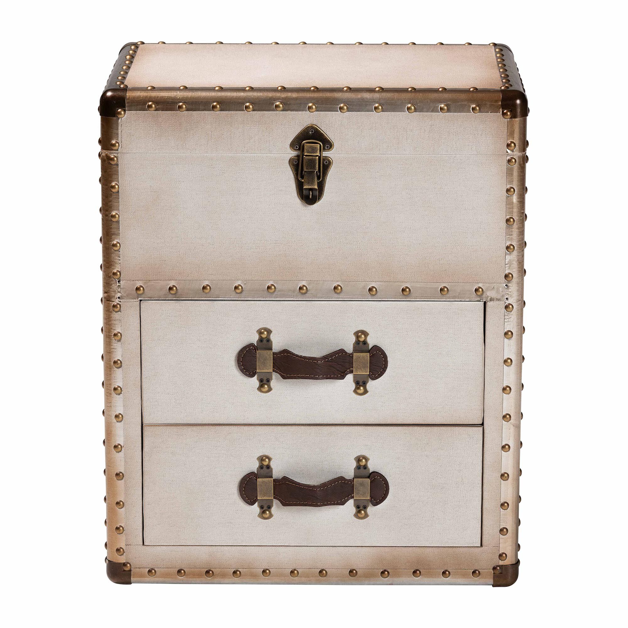 Agatha Vintage Coffee Canvas 2-Drawer Storage Trunk, BEIGE, alternate image number 3