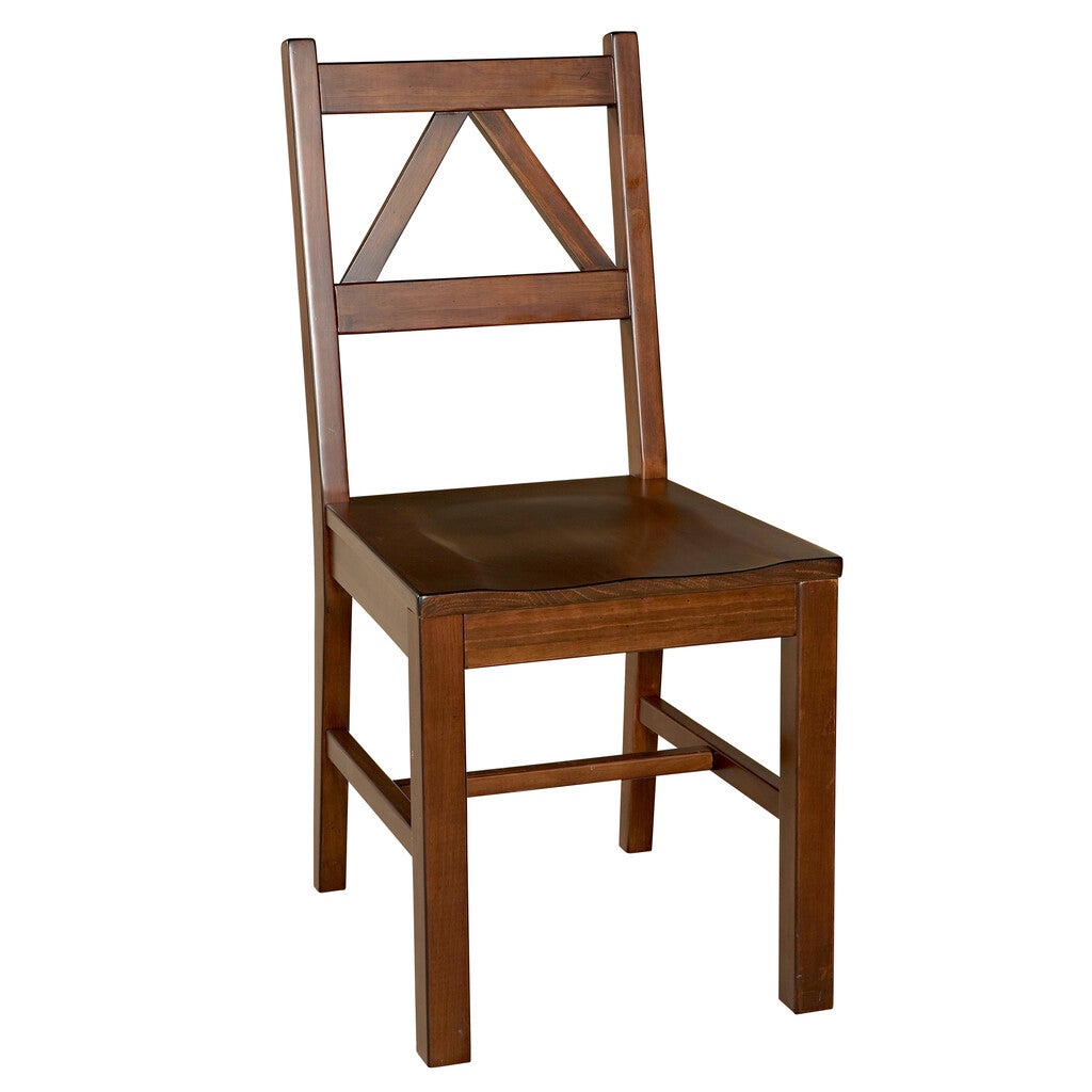 A wooden chair with a cross-back design and a solid seat.
