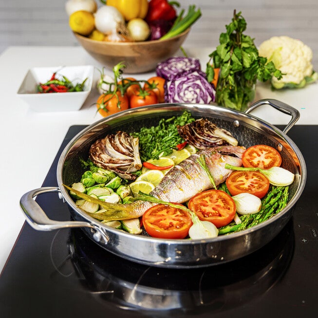 LIVWELL DiamondClad™ 14 inches Hybrid Nonstick Stainless Steel Everything Pan, Dishwasher Safe, PFOA-free – Silver/Black, SILVER, on-hover image number 1