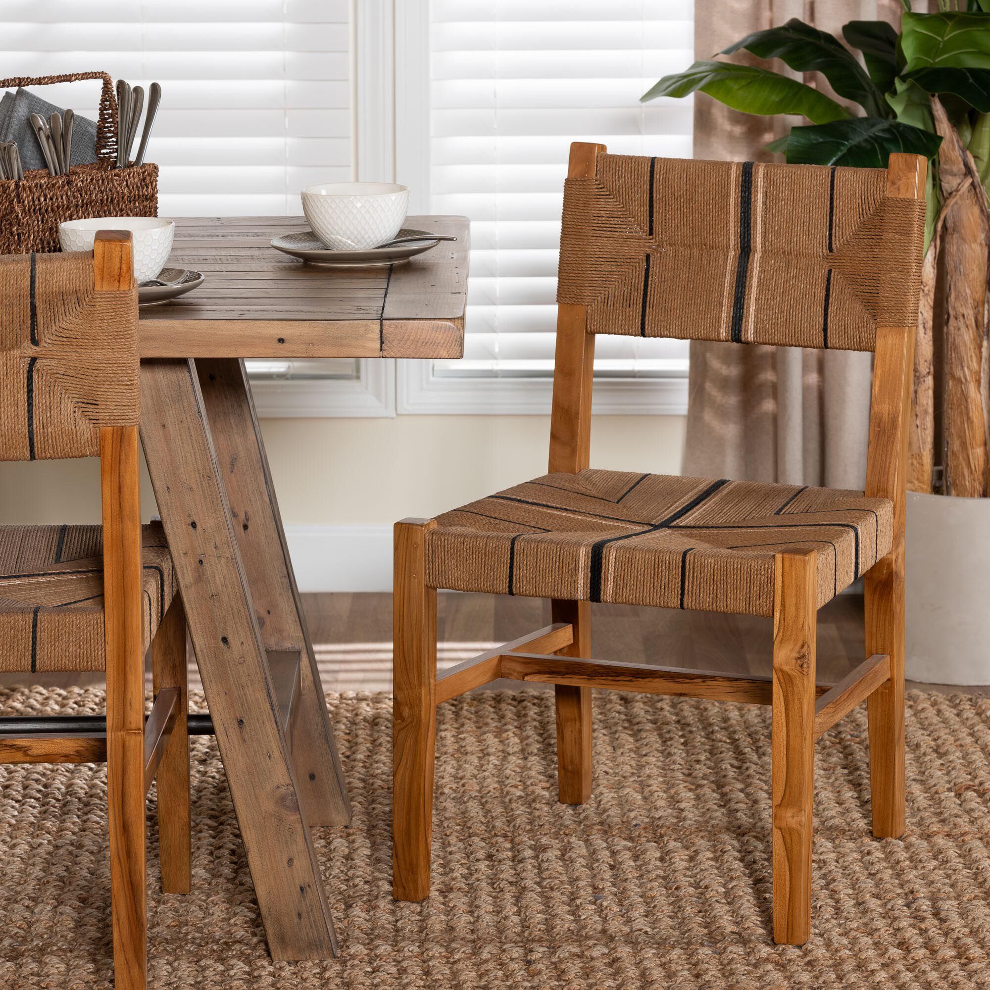 Prita Bohemian Paper Loom and Black Mahogany Wood Dining Chair, NATURAL BROWN, hi-res image number 0
