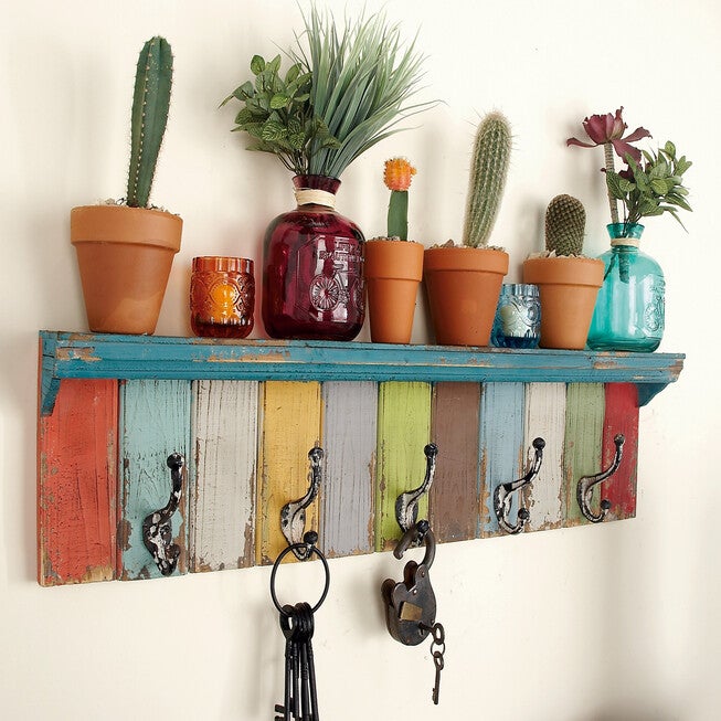 Multi Color Wood Coastal Wall Hooks With Shelf Wall Hook, , alternate image number null