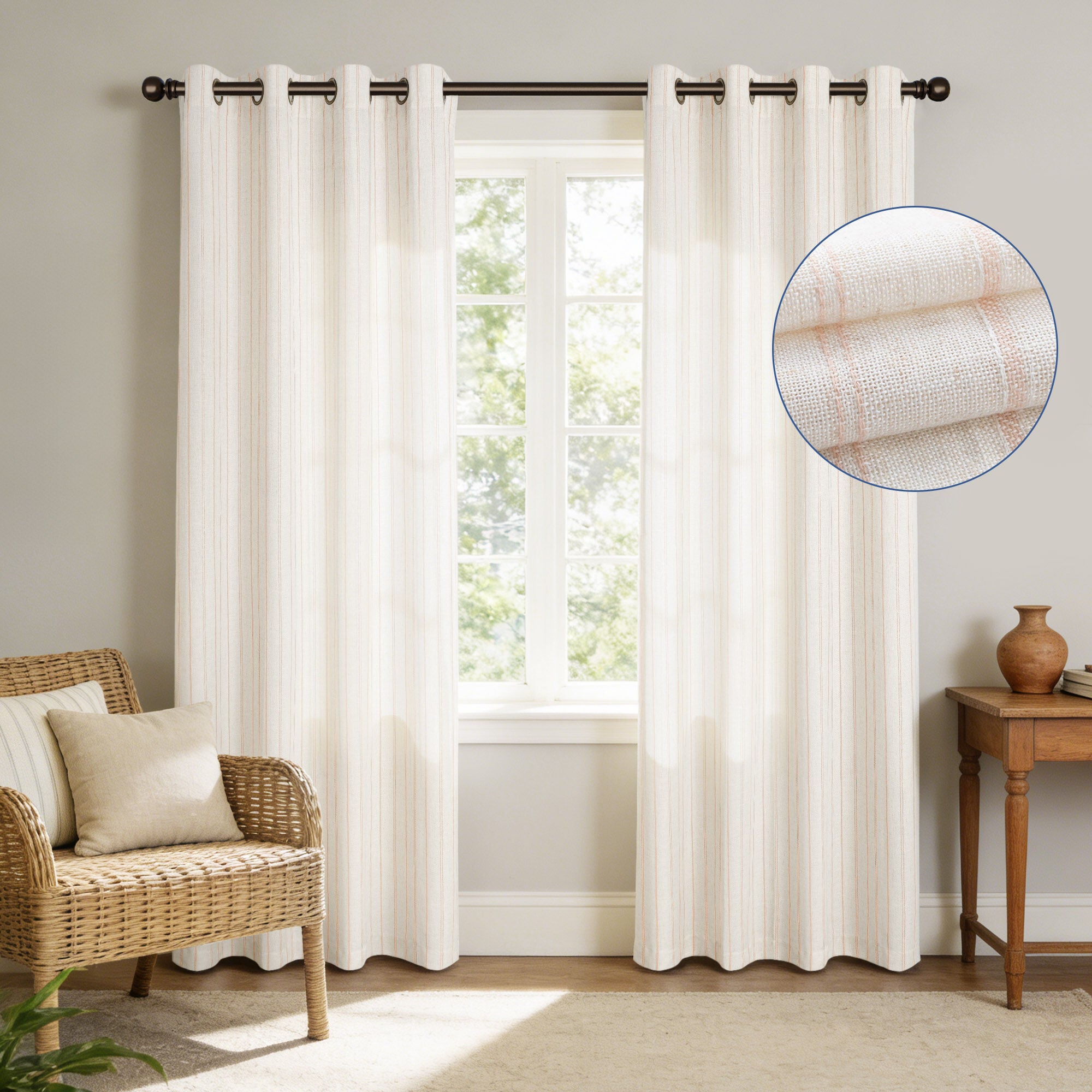 Linen Blend Woven Stripe Grommet Light Filtering Curtain Pair