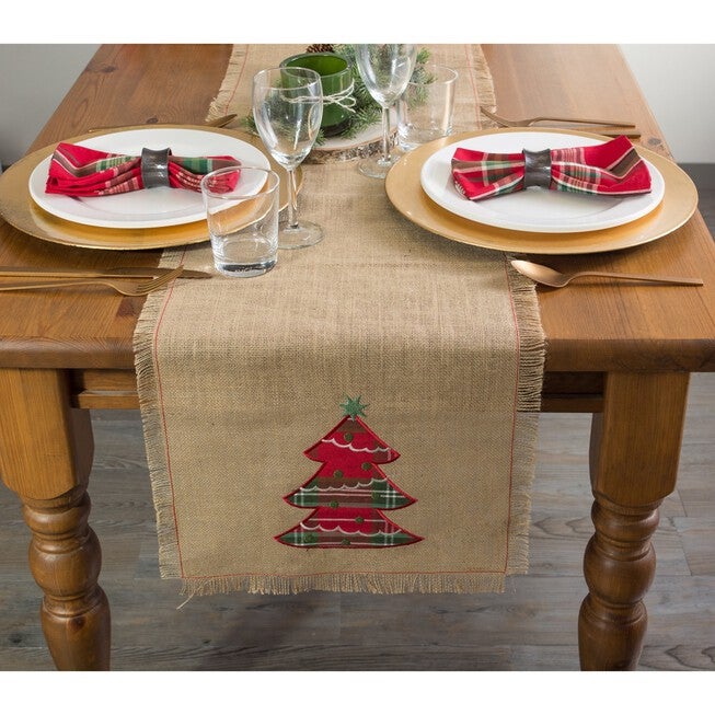 Embroidered Tree Burlap Table Runner, , alternate image number null