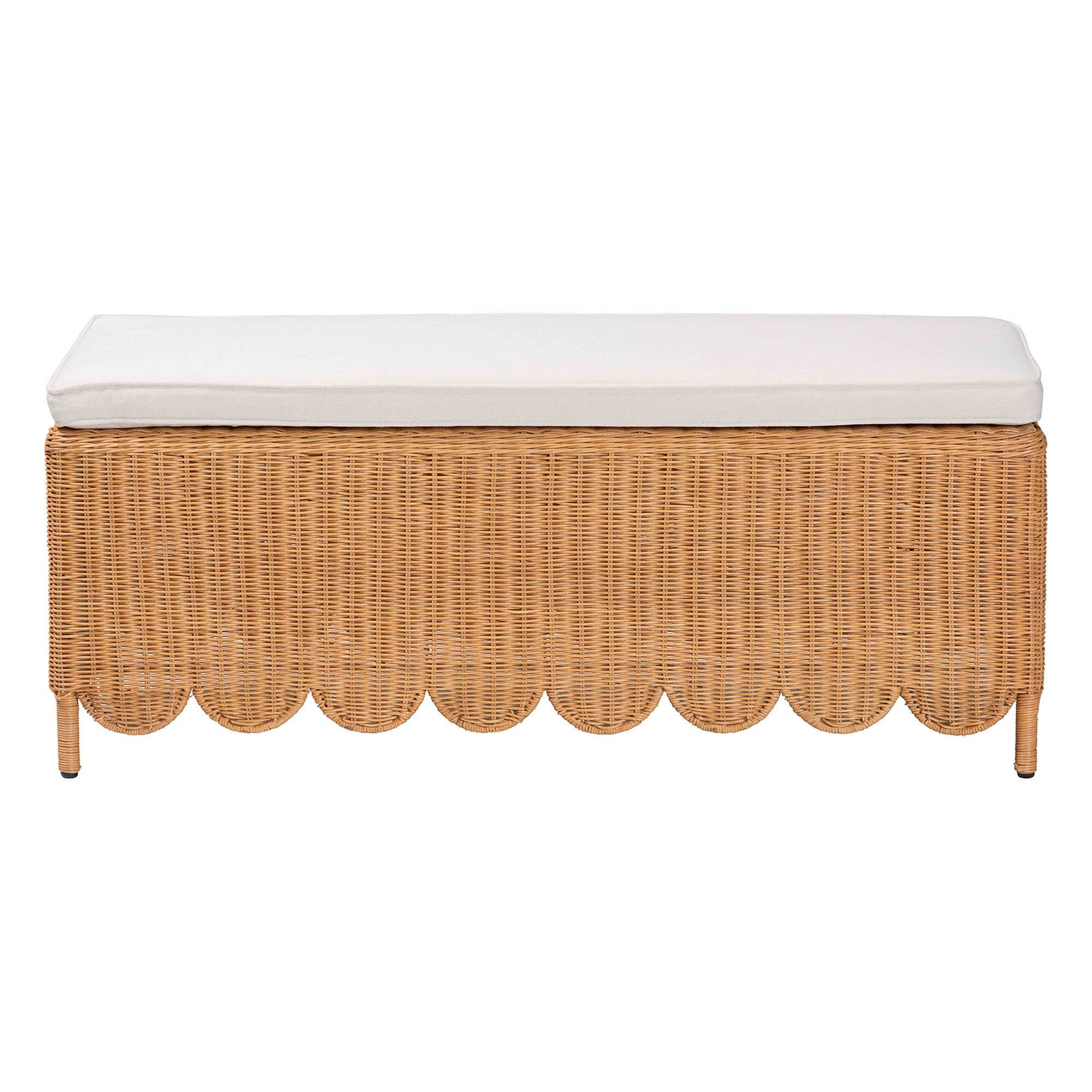 Teresa Bohemian Light Honey Scalloped Rattan Ottoman Bench, HONEY, alternate image number 2