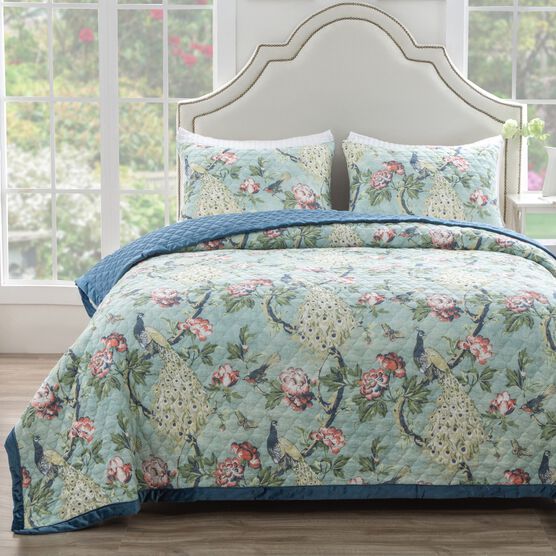 Pavona Velvet Garden Quilt And Pillow Sham Set, JADE, hi-res image number null