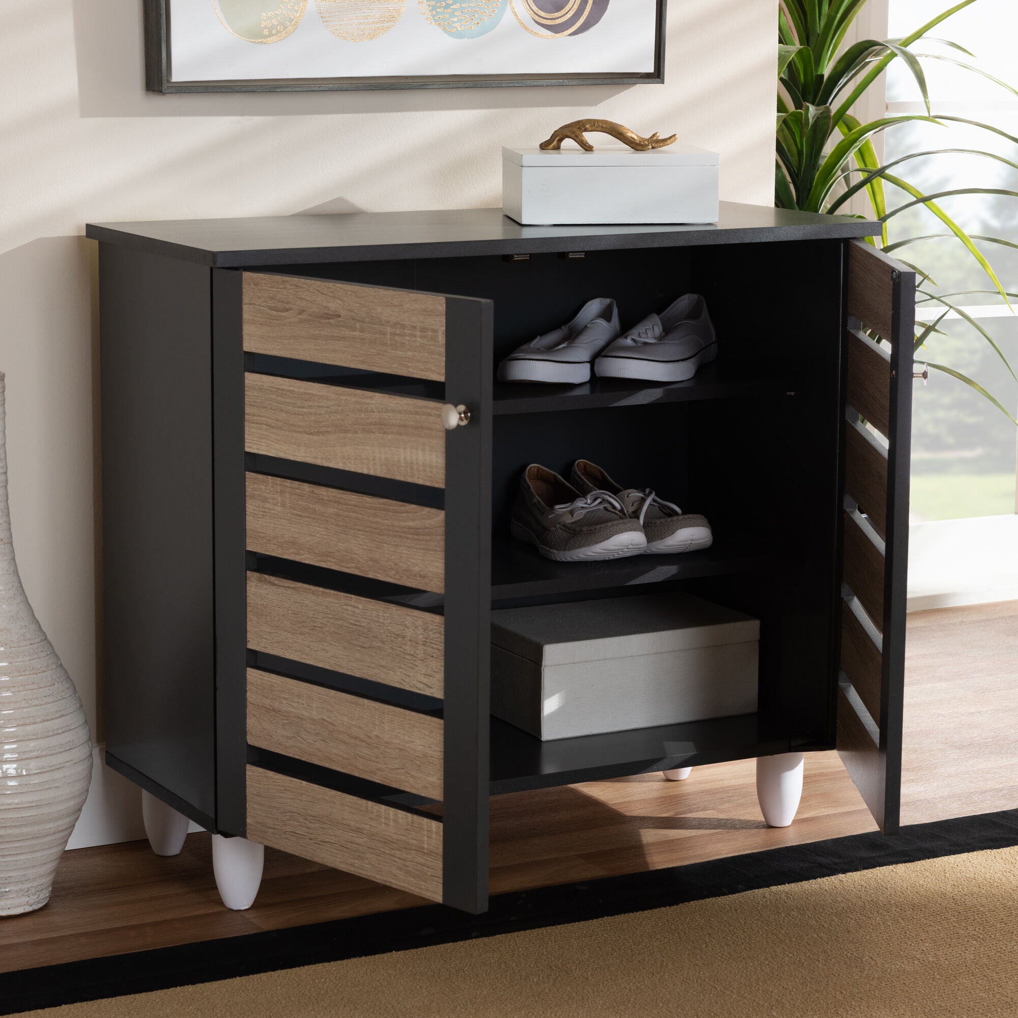 Gisela Modern and Contemporary Two-Tone Oak and Dark Gray 2-Door Shoe Storage Cabinet, OAK, hi-res image number 0