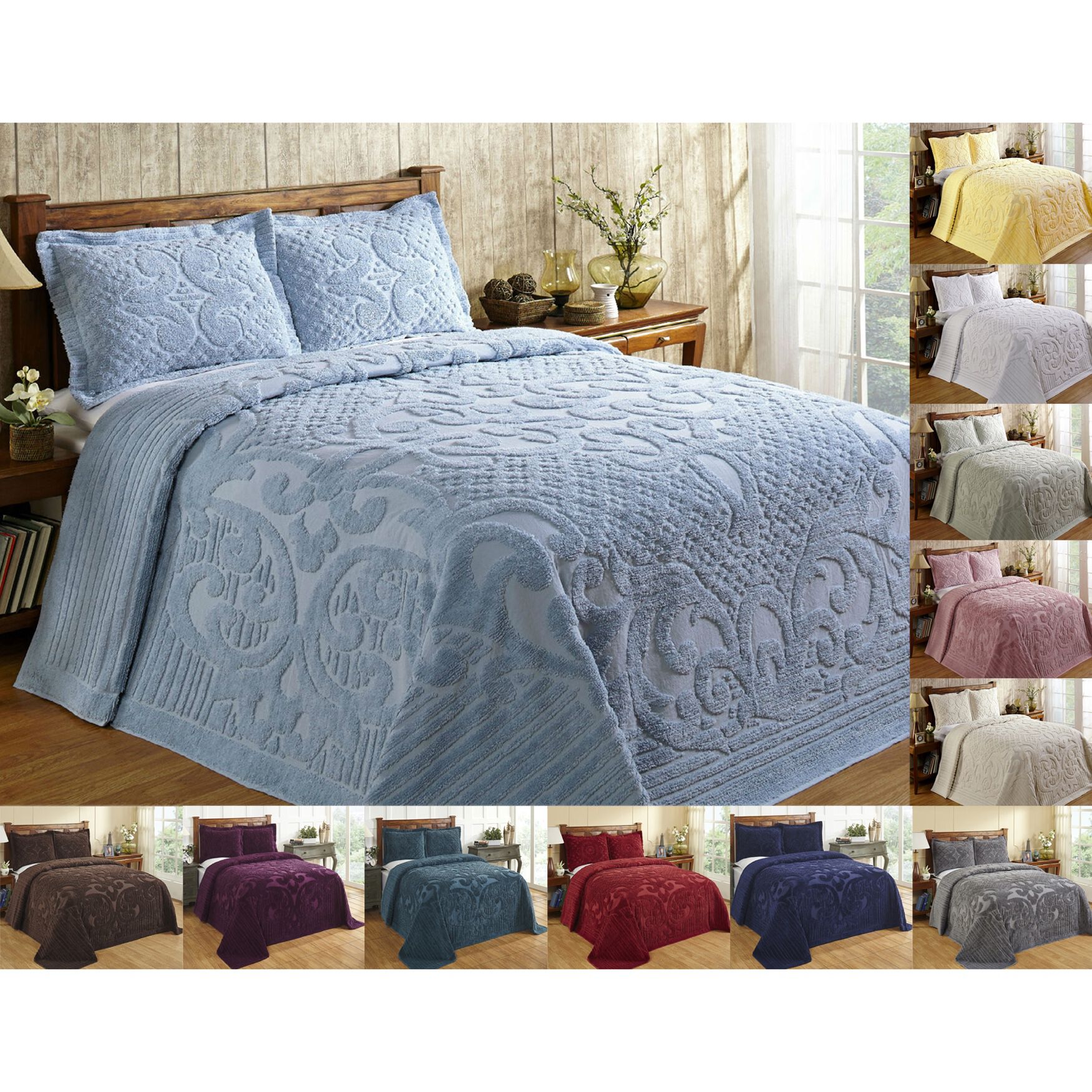 ALL COTTON ASHTON HEAVYWEIGHT CHENILLE BEDSPREAD AND PILLOW SHAM COMPLETE SET 