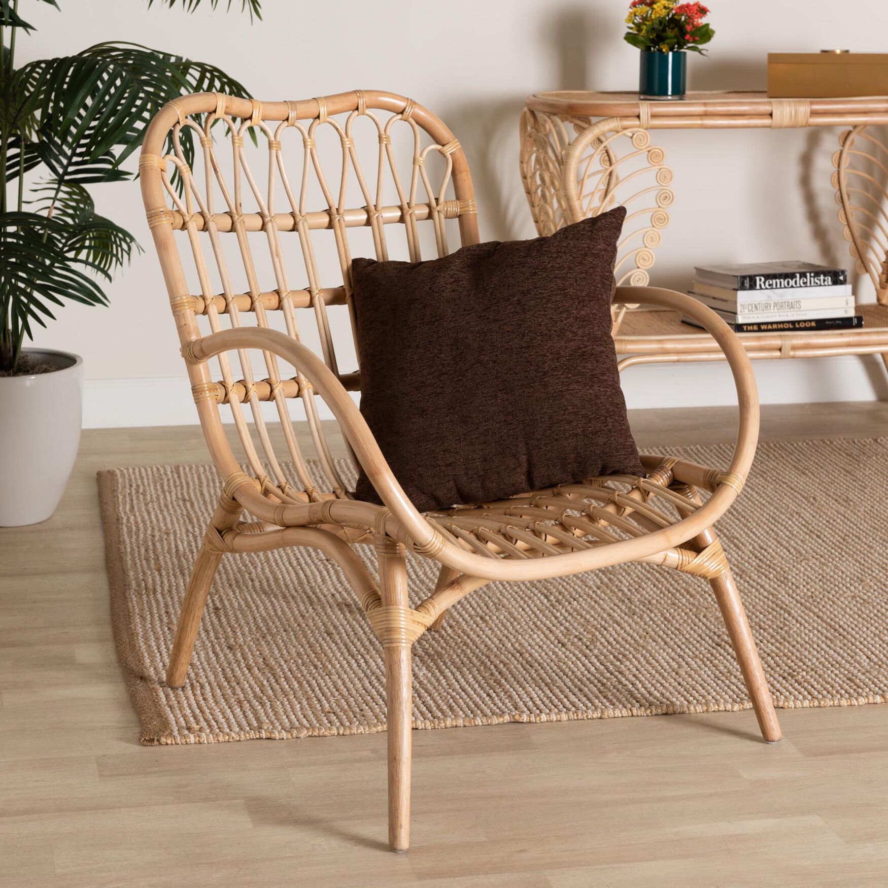 Bajo Modern Bohemian Natural Brown Rattan Arm Chair, , alternate image number 7
