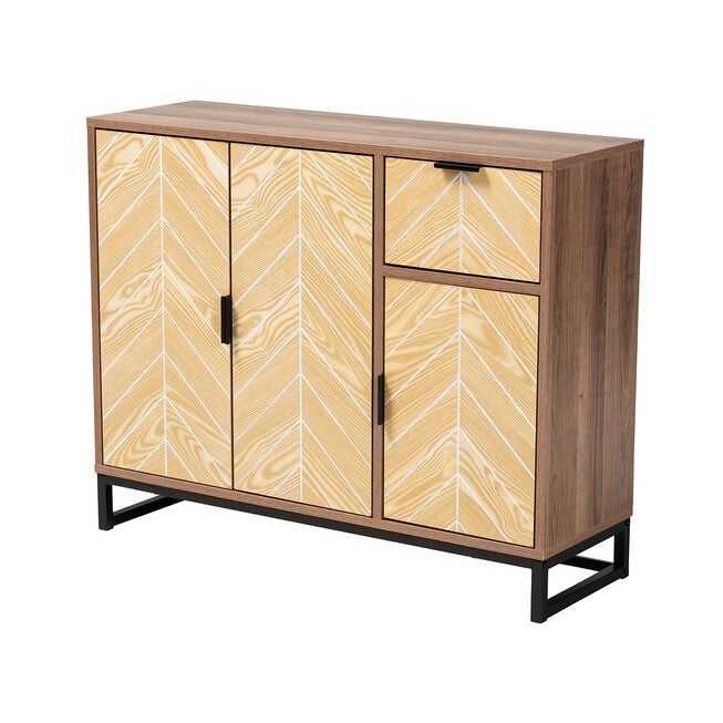Josephine Mid-Century Modern Transitional Two-Tone Walnut And Natural Brown Finished Wood And Black Metal 3-Door Sideboard, BROWN WHITE BLACK, hi-res image number null