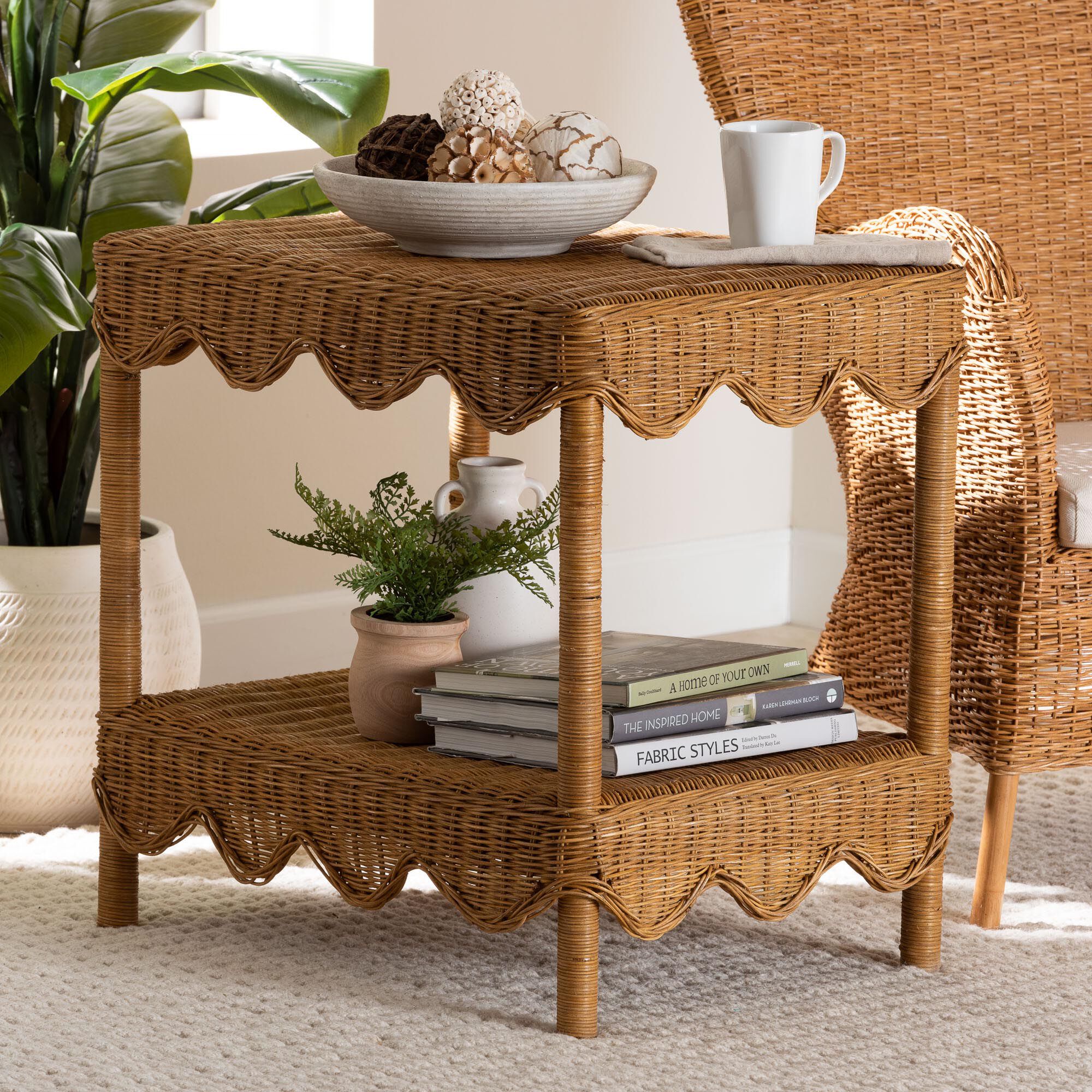 Oteria Bohemian Light Honey Scalloped Rattan Side Table, LIGHT, hi-res image number 0