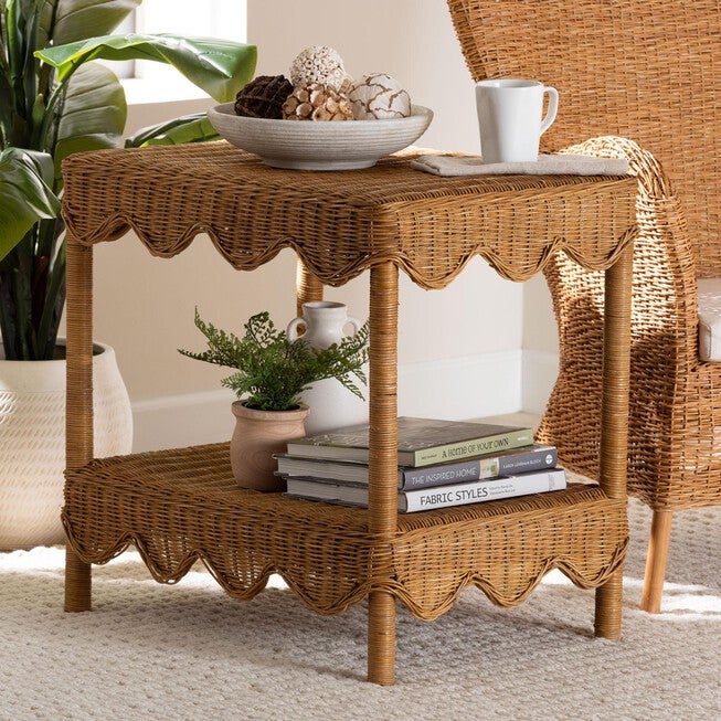 Oteria Bohemian Light Honey Scalloped Rattan Side Table, LIGHT, hi-res image number 0