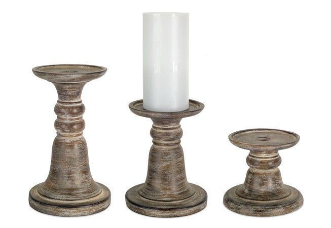 Candle Holder (Set of 3) 5 inchesH, 7 inchesH, 9.25 inchesH Stone Powder/Resin, BROWN/WHITE, hi-res image number null