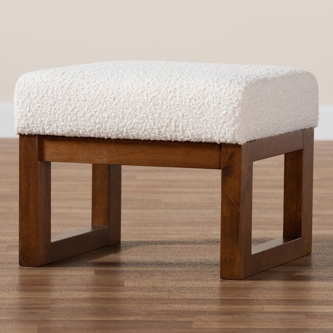 Yashiya Mid-Century Modern Off-White Boucle Upholstered And Walnut Brown Finished Wood Ottoman Footstool, , alternate image number null