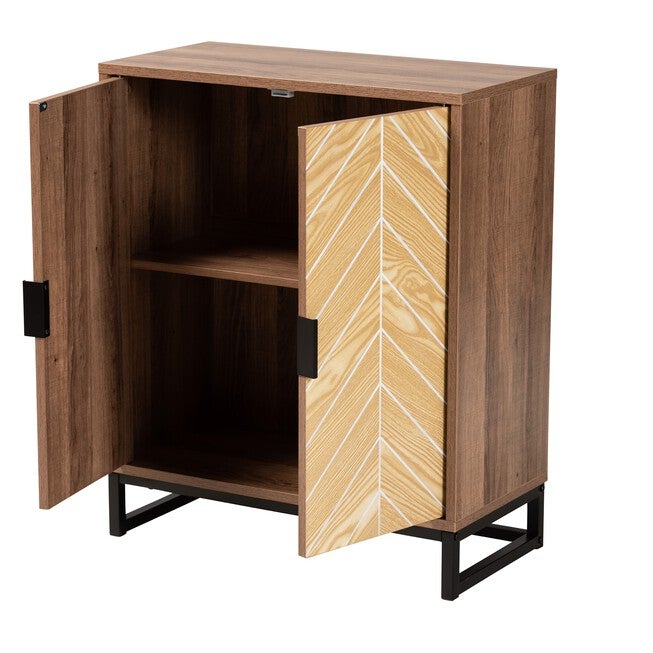 Josephine Mid-Century Modern Transitional Two-Tone Walnut And Natural Brown Finished Wood And Black Metal 2-Door Storage Cabinet, , on-hover image number null