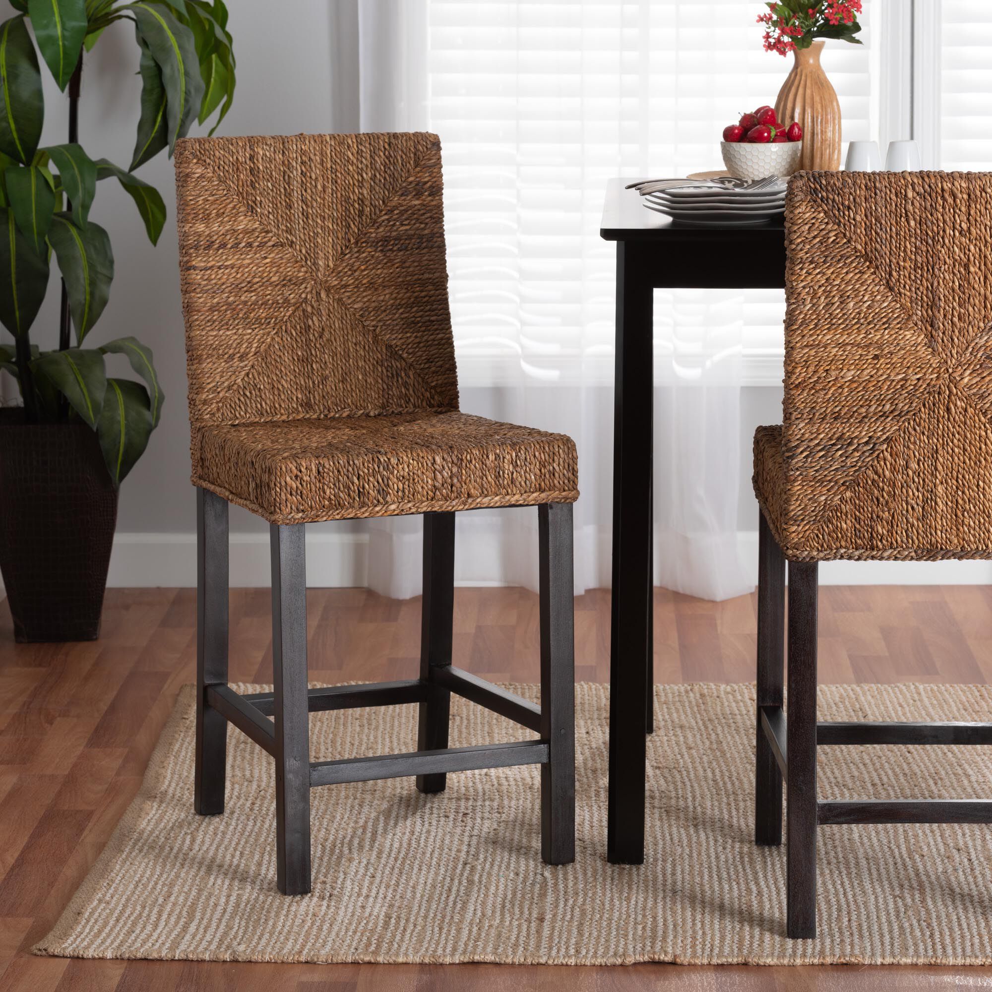 Laymi Modern Bohemian Dark Brown Mahogany Wood and Seagrass Counter Stool