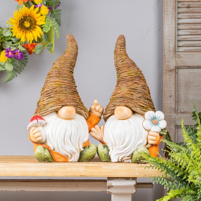 Distressed Garden Gnome Statue With Mushroom And Flower Accent (Set Of 2), , alternate image number null