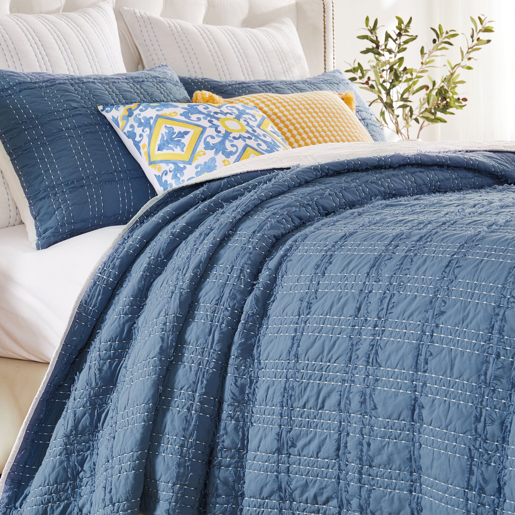 Portofino Finely Stitched Ruffled Quilt Set, Blue, 3-Piece King, BLUE, alternate image number 4