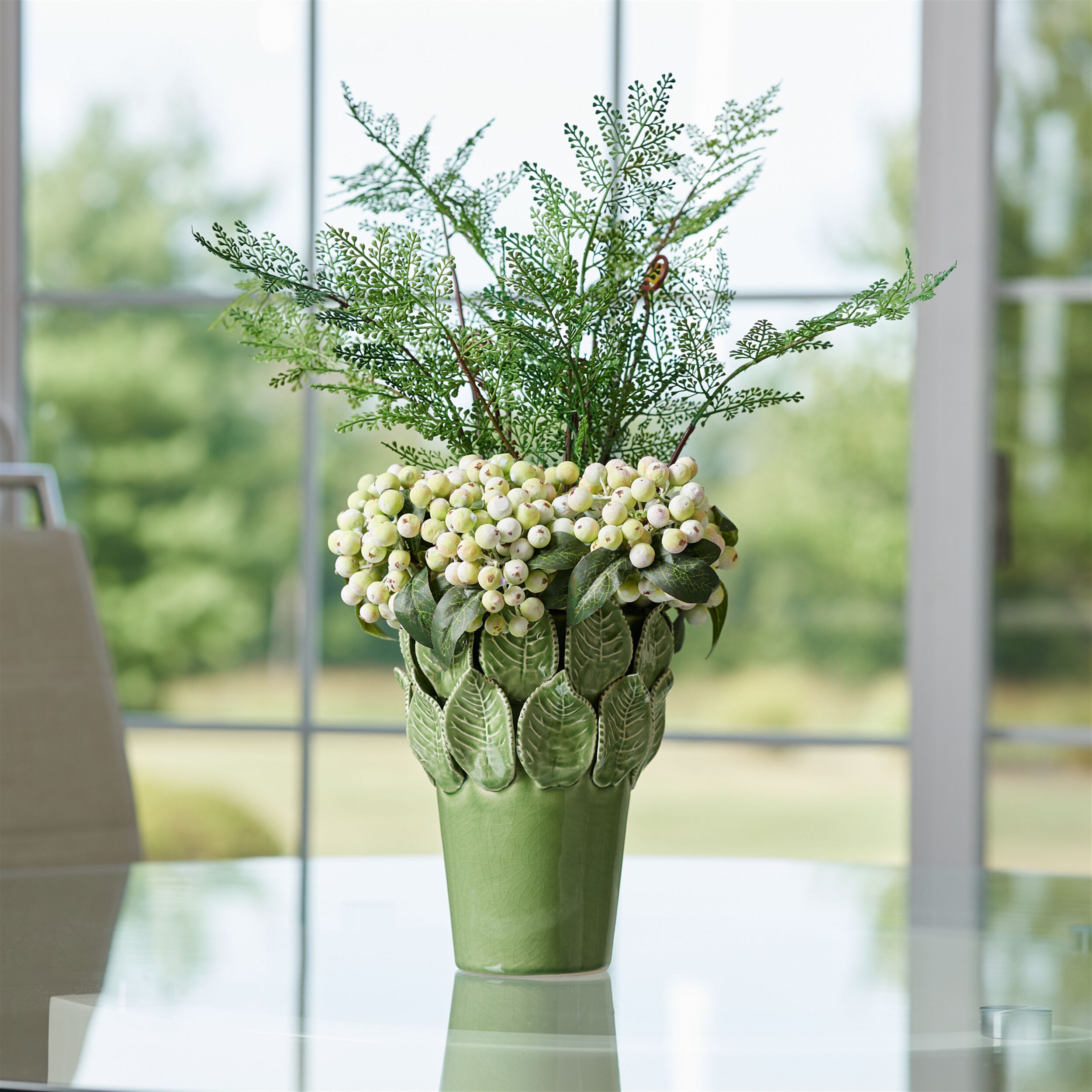 Stoneware Vase with Leaves Accent 7.5INH, GREEN, alternate image number 1