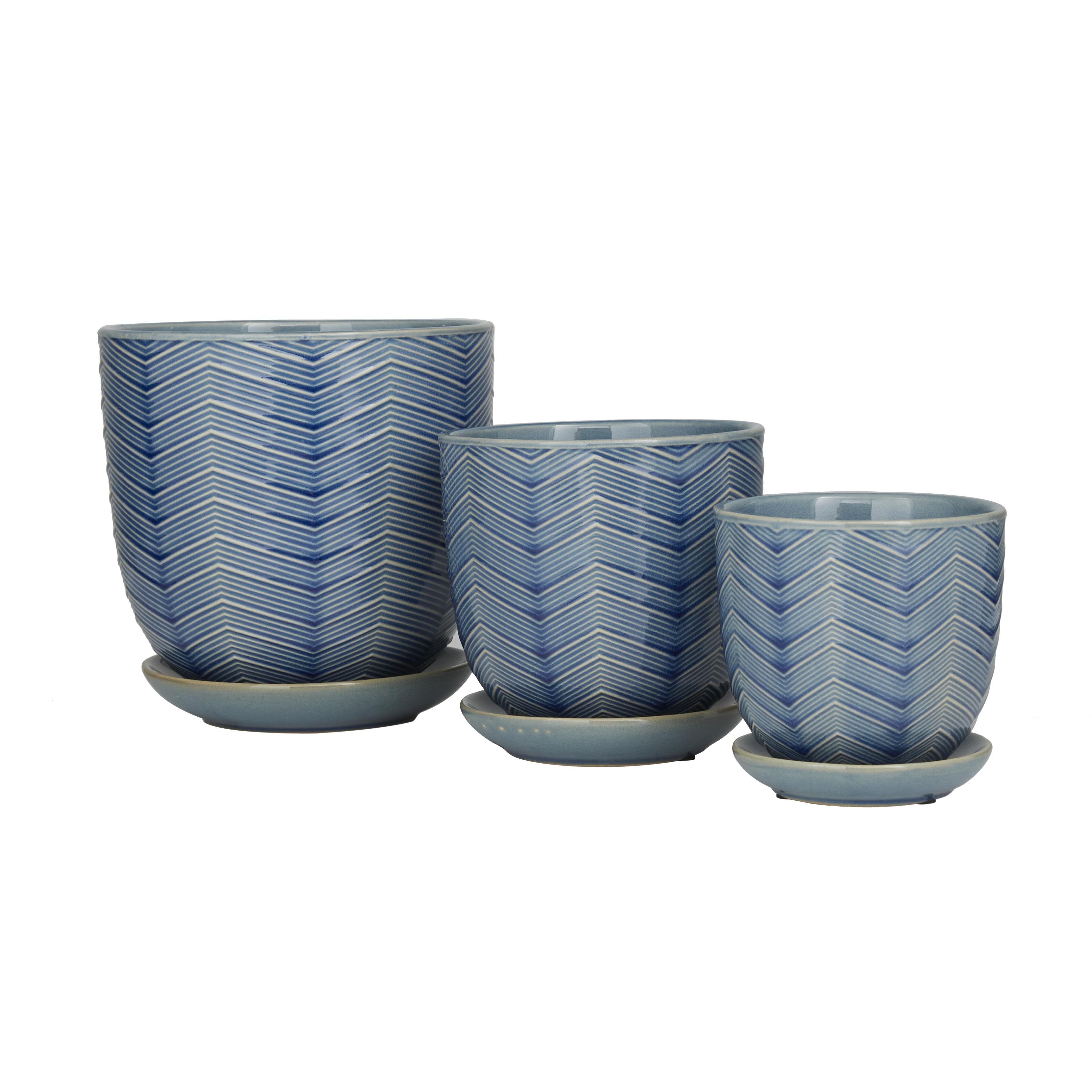 Blue Porcelain Ceramic  Indoor Outdoor Planter with Attached Saucer, Set of 3 8 inches, 6 inches, 5 inchesH, BLUE, alternate image number 2