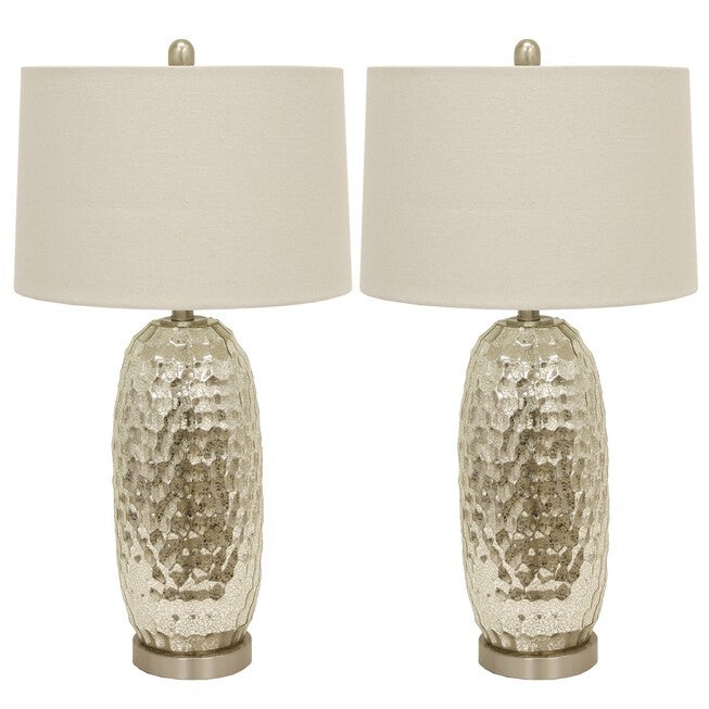 1 Set Antique Mercury Dimple Glass Table Lamp Off-White Linen Hardback Shade , STEEL, hi-res image number 0